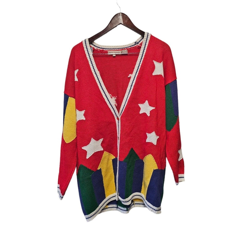 Vintage Lauren‎ Hansen Cardigan Sweater Teacher Star Arrows  LARGE